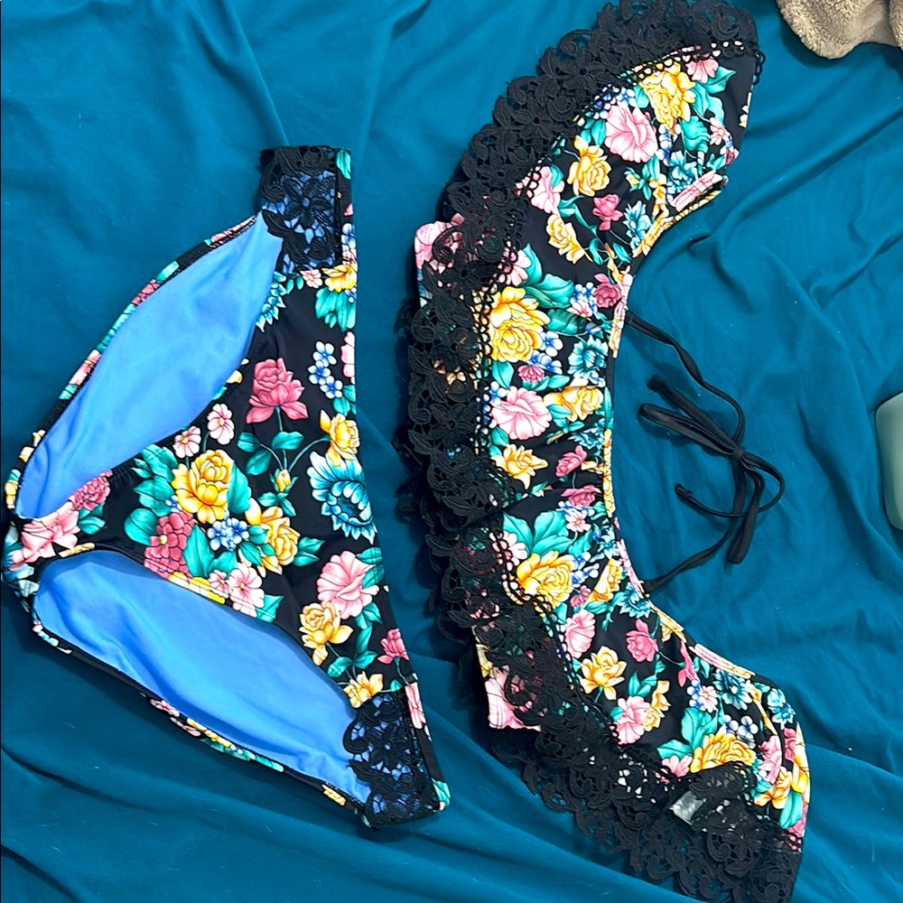 Floral Bikini Set with Lace Trim